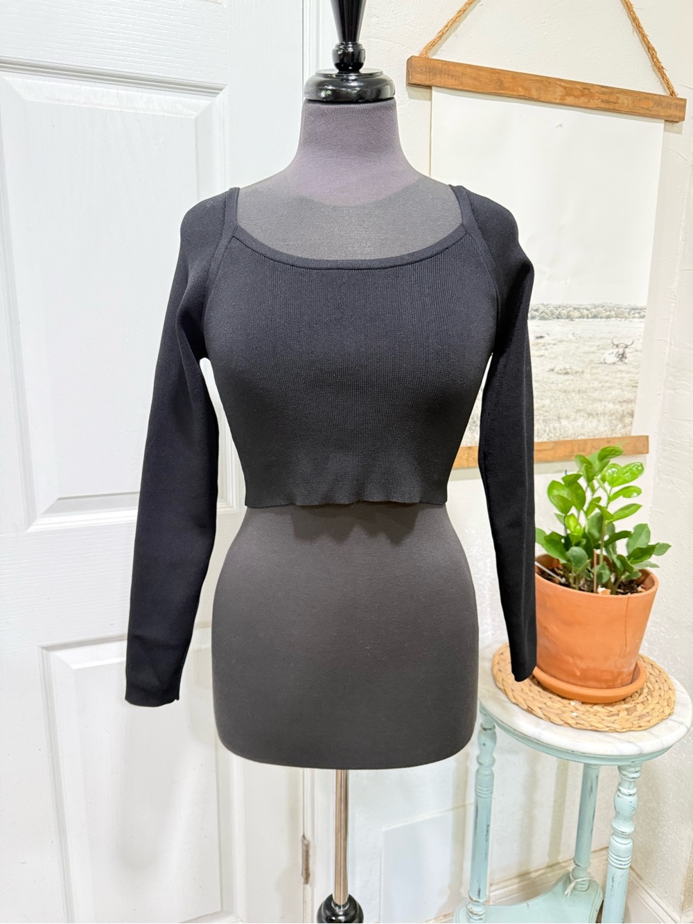 Black Crop Square-Neck Long Sleeve Top by Zara
